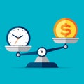 Time is money. Scales icon in flat style. Libra symbol, balance sign. Time management. Dollar and clock icons. Vector design eleme